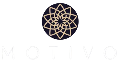 MOTIVO Cosmetics logo: a golden geometric flower inside a navy circle and the word MOTIVO