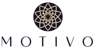 MOTIVO Cosmetics logo: a golden geometric flower inside a navy circle and the word MOTIVO